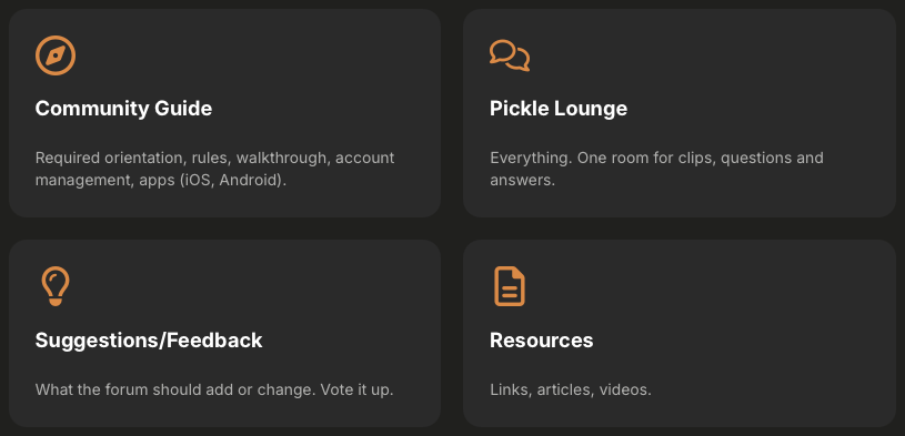 The four rooms of the forum: Community Guide, Pickle Lounge, Suggestions/Feedback, and Resources.