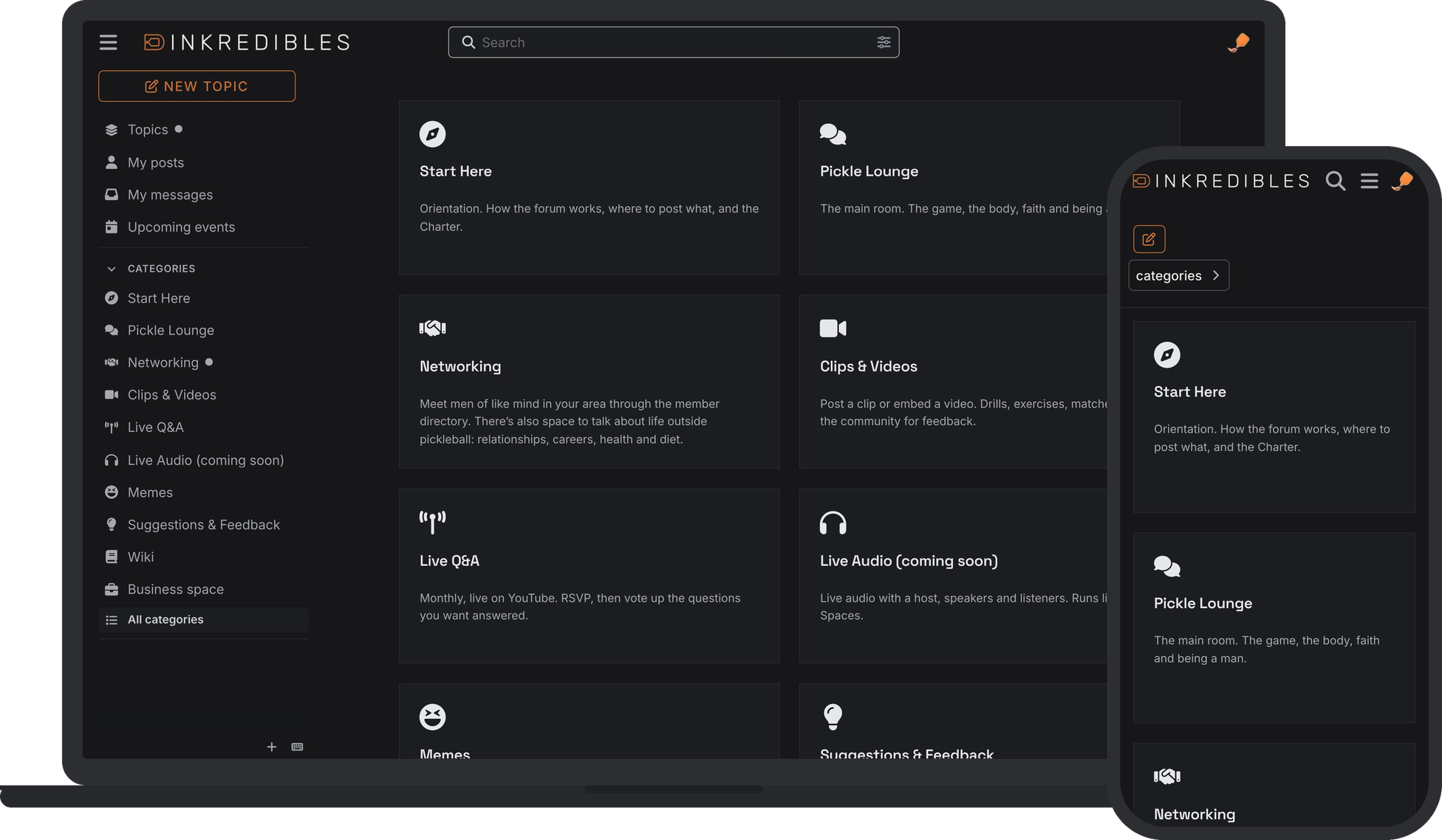 The Dinkredibles forum on a laptop and a phone, showing its ten rooms: Start Here, Pickle Lounge, Networking, Clips & Videos, Live Q&A, Live Audio (coming soon), Memes, Suggestions & Feedback, Wiki, and Business space.